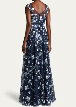 Rickie Freeman for Teri JonCap-Sleeve Embroidered Tulle A-Line Gown