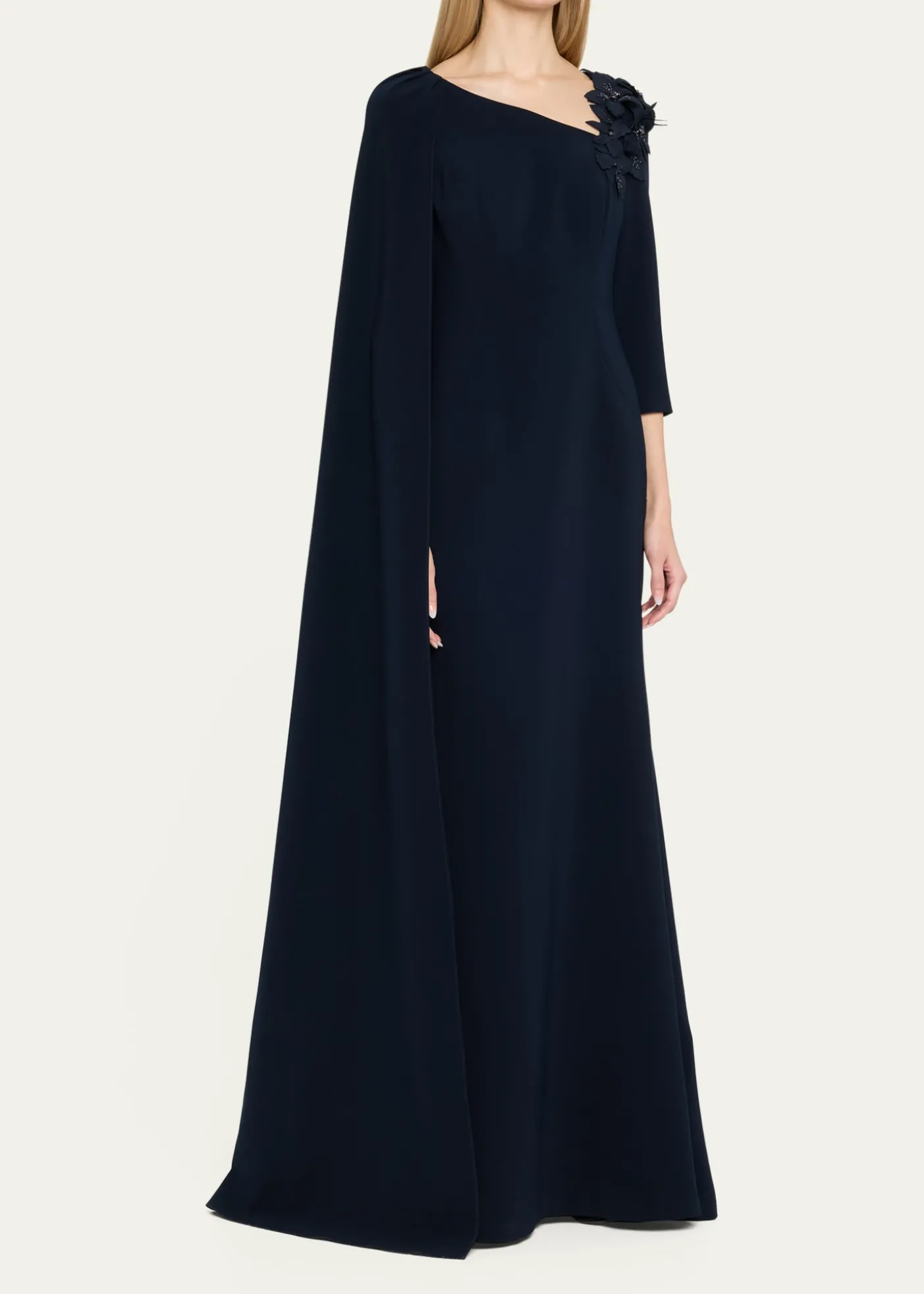 Rickie Freeman for Teri JonCape-Sleeve Floral Applique Trumpet Gown