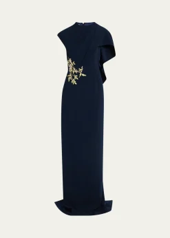 Rickie Freeman for Teri JonFloral-Embroidered Asymmetric Capelet Gown