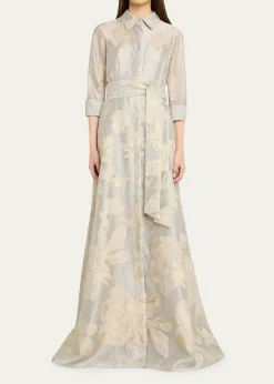 Rickie Freeman for Teri JonMetallic Floral Jacquard Shirt Gown