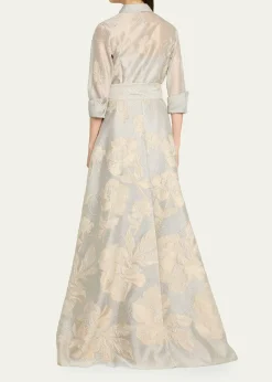 Rickie Freeman for Teri JonMetallic Floral Jacquard Shirt Gown