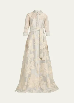 Rickie Freeman for Teri JonMetallic Floral Jacquard Shirt Gown