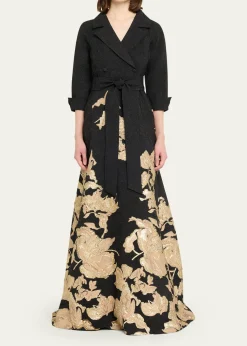 Rickie Freeman for Teri JonMetallic Floral Jacquard Shirt Gown