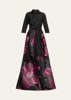 Rickie Freeman for Teri JonMetallic Floral Jacquard Shirt Gown
