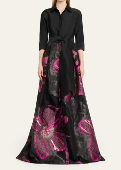 Rickie Freeman for Teri JonMetallic Floral Jacquard Shirt Gown