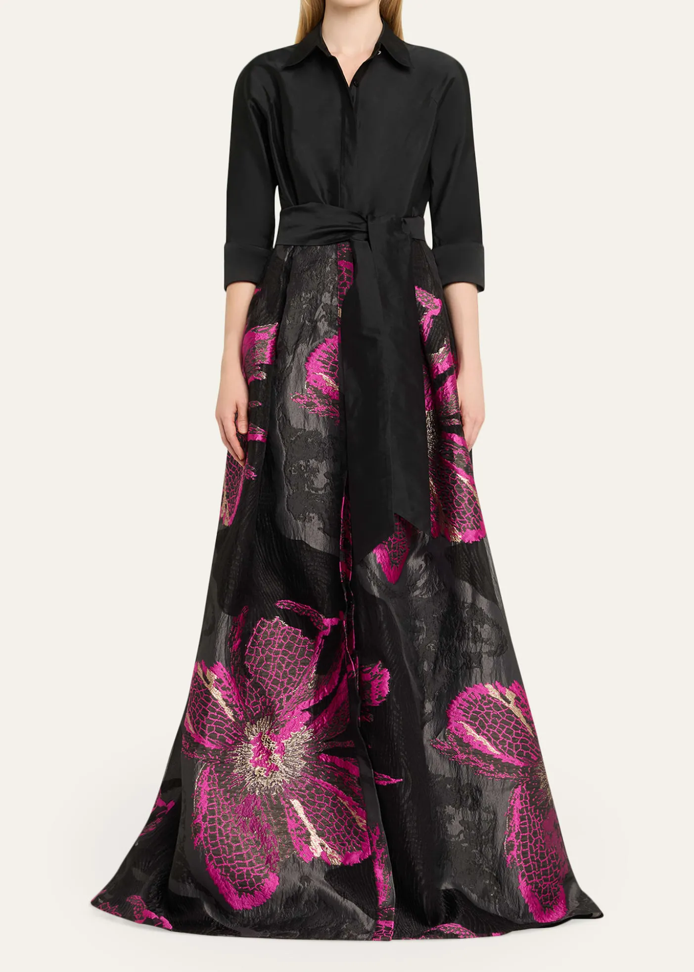 Rickie Freeman for Teri JonMetallic Floral Jacquard Shirt Gown