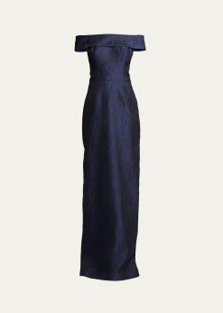 Rickie Freeman for Teri JonOff-Shoulder Jacquard Column Gown