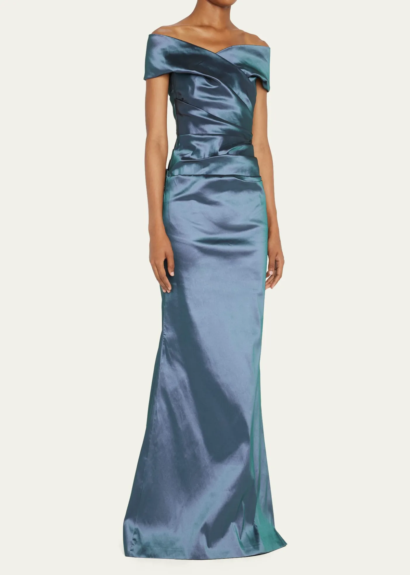 Rickie Freeman for Teri JonOff-Shoulder Ruched Taffeta Gown