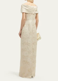 Rickie Freeman for Teri JonOff-Shoulder Jacquard Column Gown