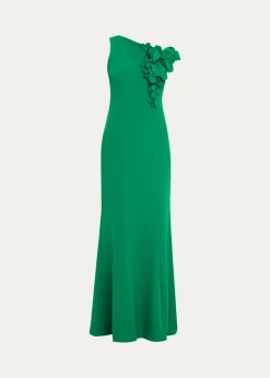 Rickie Freeman for Teri JonOne-Shoulder Floral Applique Stretch Crepe Gown