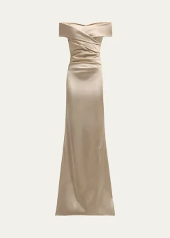 Rickie Freeman for Teri JonPleated Off-Shoulder Satin Column Gown
