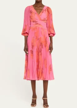 Rickie Freeman for Teri JonPleated Abstract-Print Chiffon Midi Dress