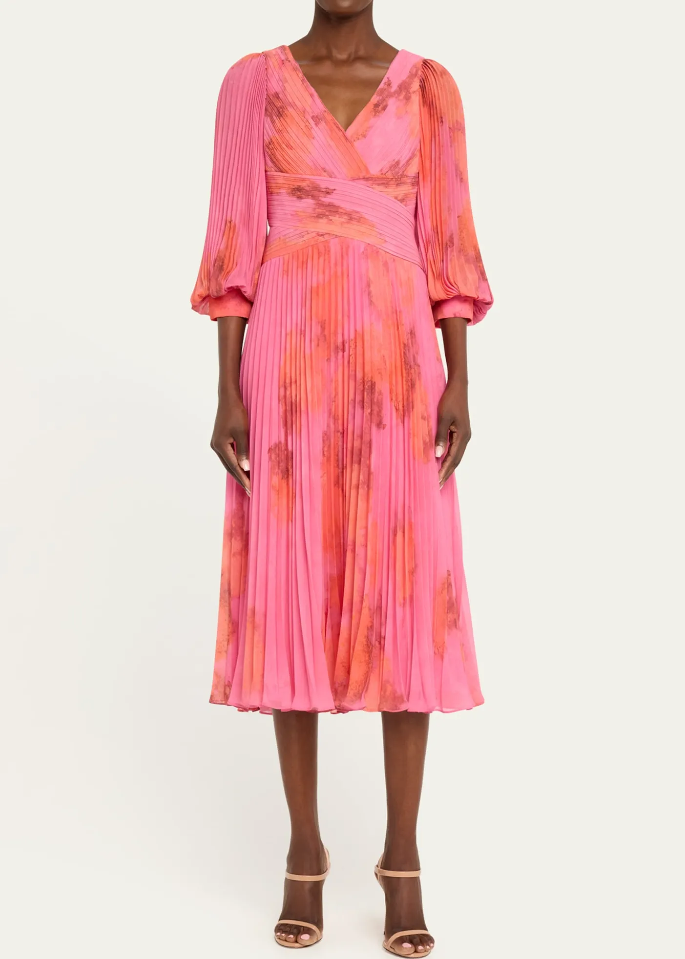 Rickie Freeman for Teri JonPleated Abstract-Print Chiffon Midi Dress
