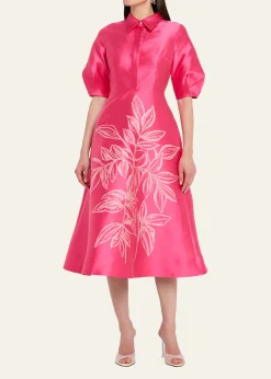 Rickie Freeman for Teri JonPuff-Sleeve Gazar Midi Shirtdress