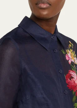 Rickie Freeman for Teri JonSilken Linen Floral-Print Shirtdress