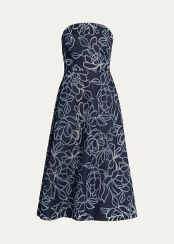 Rickie Freeman for Teri JonStrapless Floral Burnout Denim Midi Dress