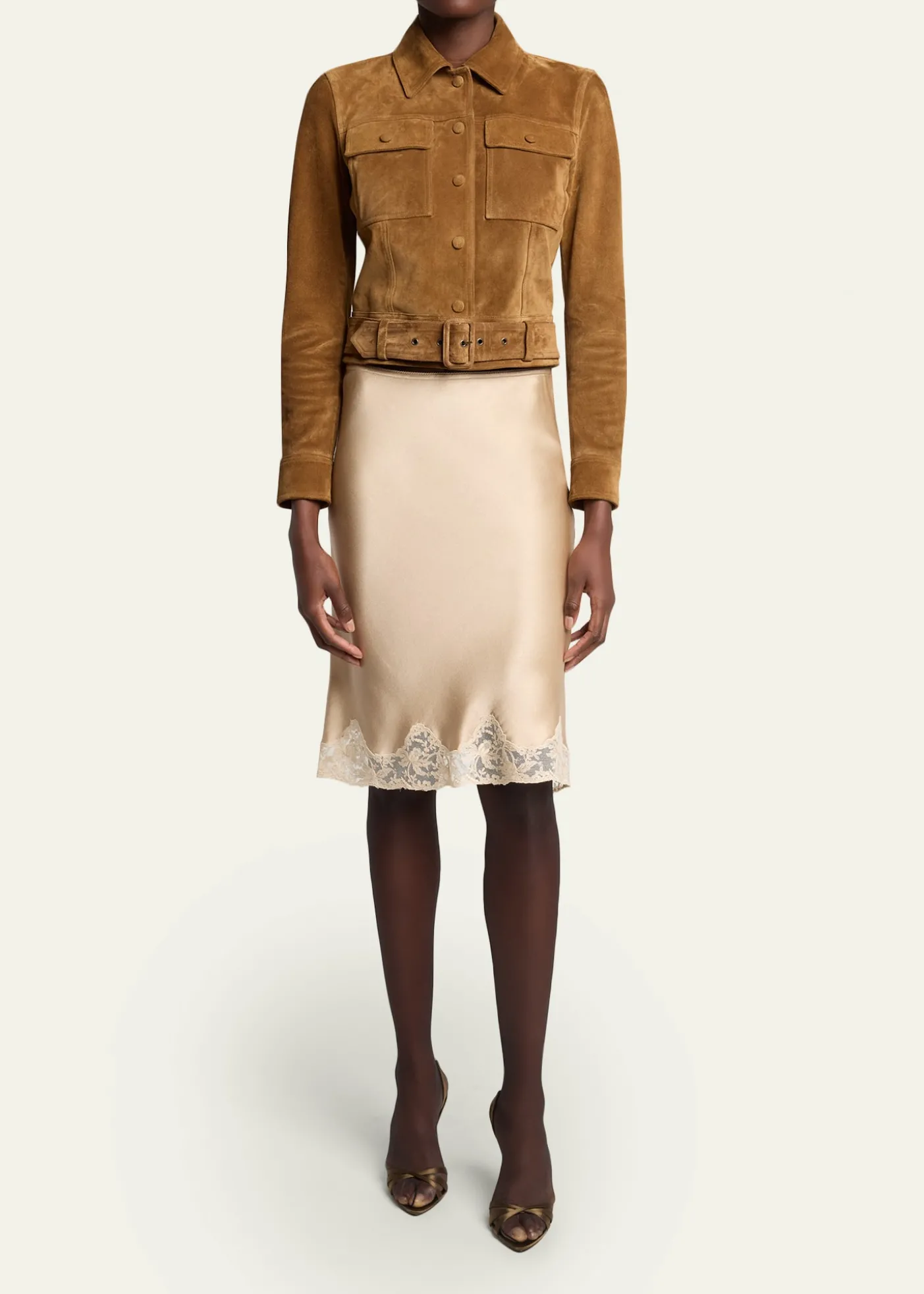 Saint LaurentLace-Trim Satin Knee-Length Skirt