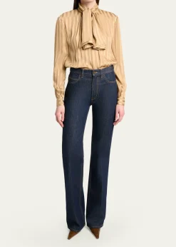 Saint LaurentLavalliere Striped Silk Long-Sleeve Blouse