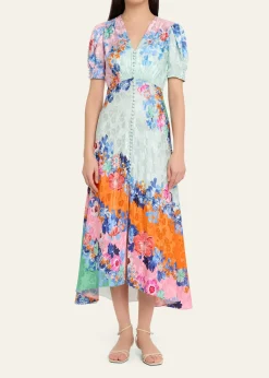 SaloniLea Floral Silk Jacquard Button-Front Midi Dress