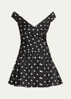 Self-PortraitPolka-Dot Gathered Off-Shoulder Mini Dress