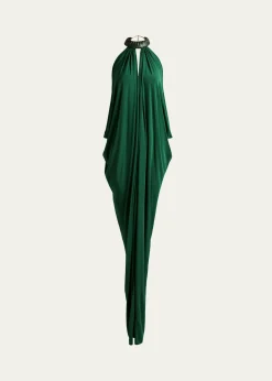 Silvia TcherassiNiagara Draped Leather-Trim Halter Maxi Dress