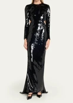 Stella McCartneySequined Long-Sleeve Backless Trumpet Gown