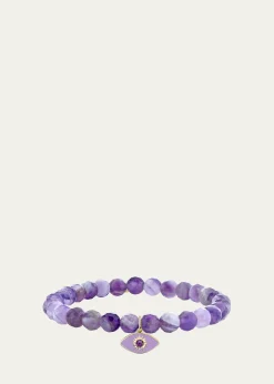 Sydney Evan14K Sunburst Amethyst Evil Eye on Beaded Stretch Bracelet
