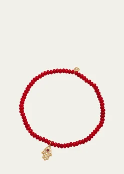 Sydney Evan3mm Beaded Coral Bracelet with Diamond Hamsa Pendant