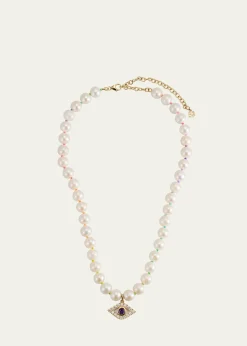 Sydney Evan14K Gold Bezel Evil Eye Charm Freshwater Pearl Necklace