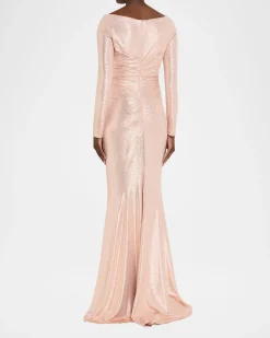 Talbot RunhofMetallic Draped Off-The-Shoulder Long-Sleeve Gown