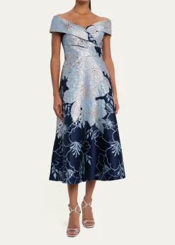 THIS ITEM IS NOT AVAILABLE.Rickie Freeman for Teri JonOff-Shoulder Metallic Jacquard Midi Dress