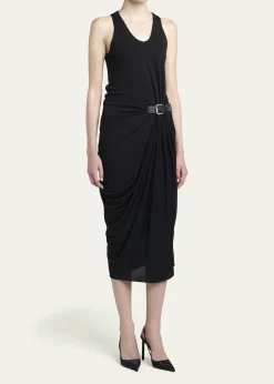TOM FORDBuckle Gathered Crepe Jersey Sleeveless Midi Dress