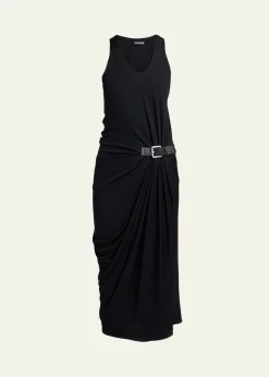 TOM FORDBuckle Gathered Crepe Jersey Sleeveless Midi Dress