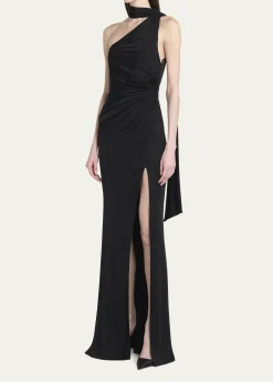 TOM FORDOne-Shoulder Scarf-Neck Ruched Slit Gown