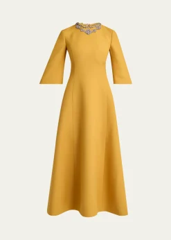 Valentino GaravaniCrystal Embroidered Silk-Wool 3/4-Sleeve Midi Dress