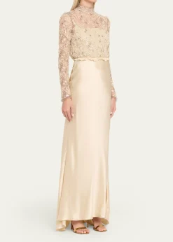 Valentino GaravaniEmbroidered Lace Long-Sleeve Silk Gown