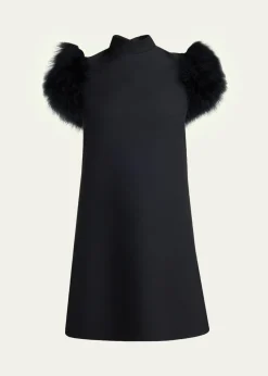 Valentino GaravaniFeather-Sleeve Mock-Neck Mini Dress