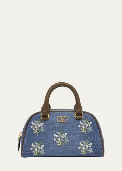 Valentino GaravaniFloral-Embroidered Denim VLogo Top-Handle Bag