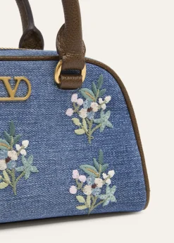 Valentino GaravaniFloral-Embroidered Denim VLogo Top-Handle Bag