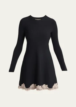 Valentino GaravaniLace-Trim Long-Sleeve Knit Mini Dress