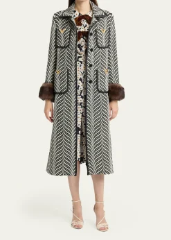 Valentino GaravaniLamb Shearling Cuff Belted Herringbone Coat