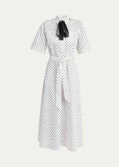 Valentino GaravaniPolkadot-Print Cotton Neck-Scarf Midi Shirtdress