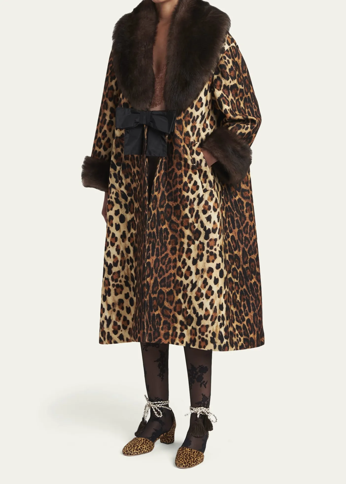 Valentino GaravaniSheep Shearling-Trim Leopard-Print Wool Oversized Coat