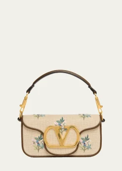 Valentino GaravaniSmall Floral-Embroidered Woven Flax Shoulder Bag