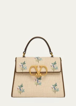 Valentino GaravaniSmall Floral-Embroidered Woven Flax Top-Handle Bag