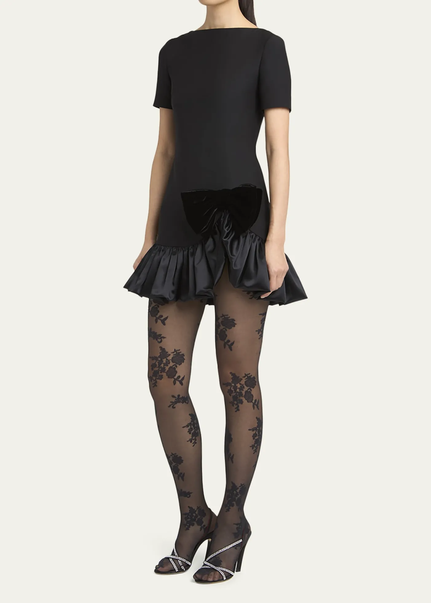 Valentino GaravaniVelvet Bow Ruffle Short-Sleeve Mini Dress