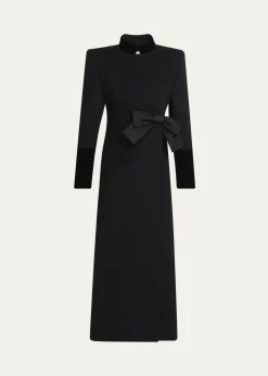 Valentino GaravaniVelvet Bow Double-Breasted Wool-Cashmere Long Coat