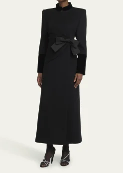 Valentino GaravaniVelvet Bow Double-Breasted Wool-Cashmere Long Coat