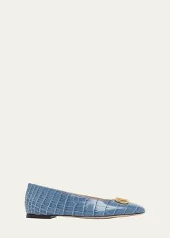 Valentino GaravaniVLogo Croc-Embossed Leather Ballerina Flats