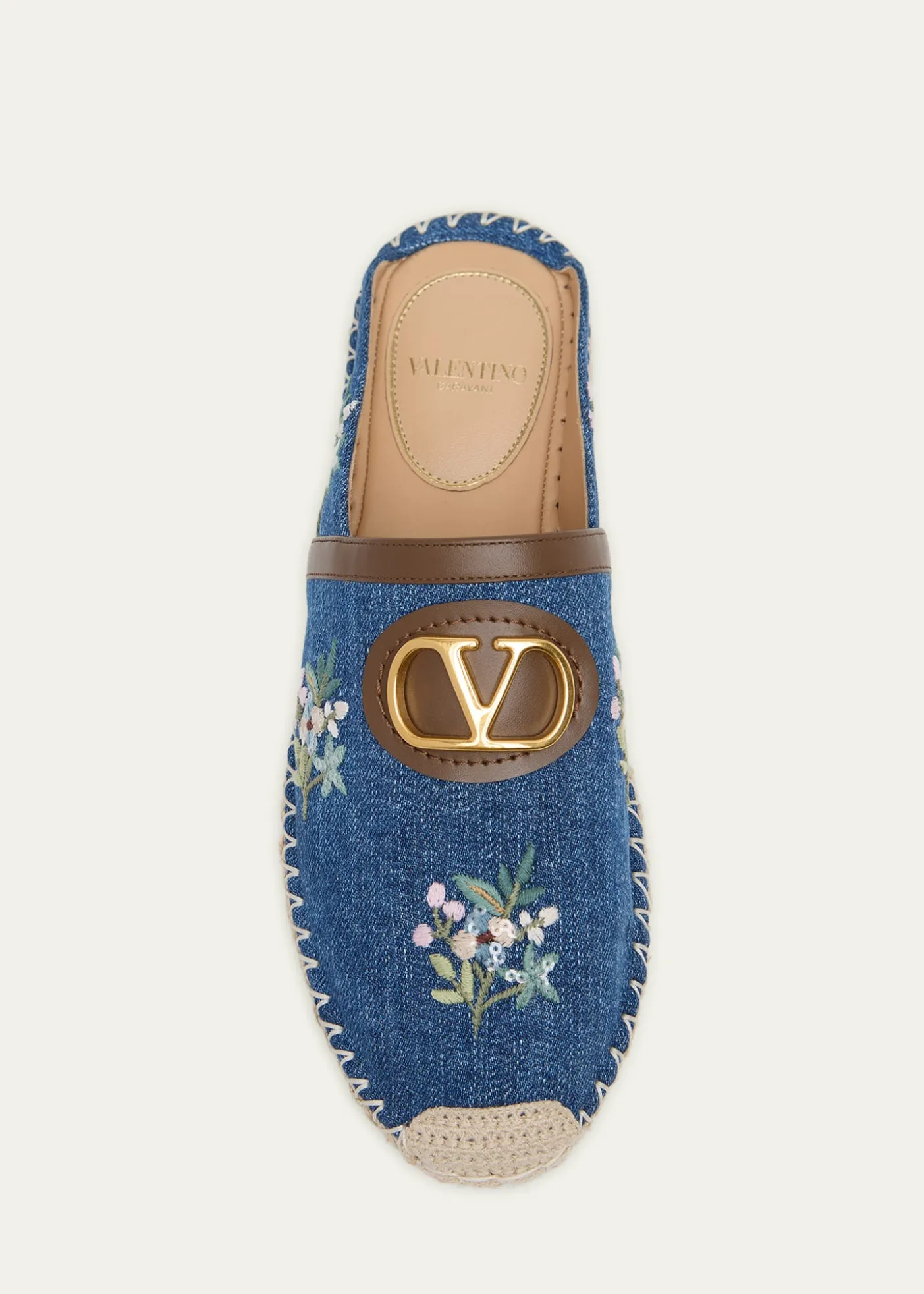 Valentino GaravaniVLogo Floral-Embroidered Denim Espadrille Mules